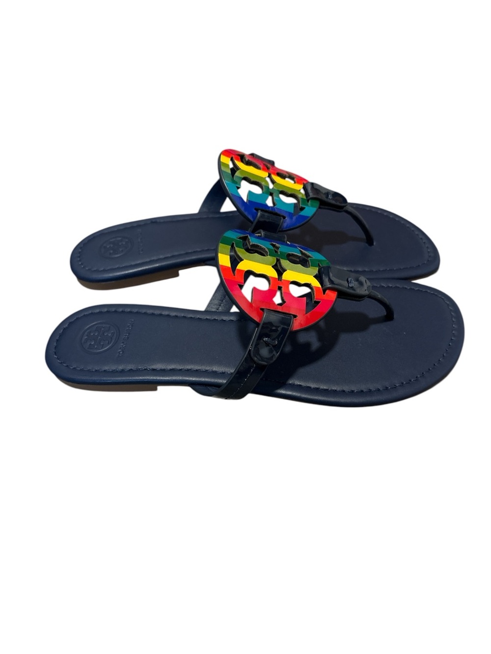 Tory Burch Miller Leather Thong Sandals Rainbow Navy US 9 AUTHENTIC